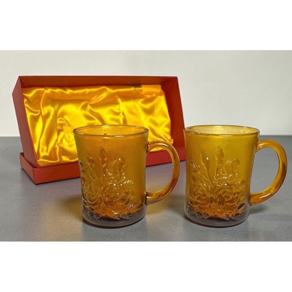 Vintage Amber Glass Mug Set Rose Floral Indonesia GB1199 w Box